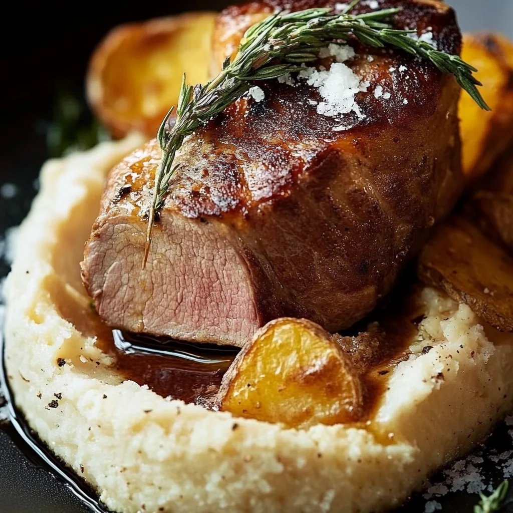 Rinderfilet in Salzkruste mit Trüffelkartoffelpüree, Pastinakenchips